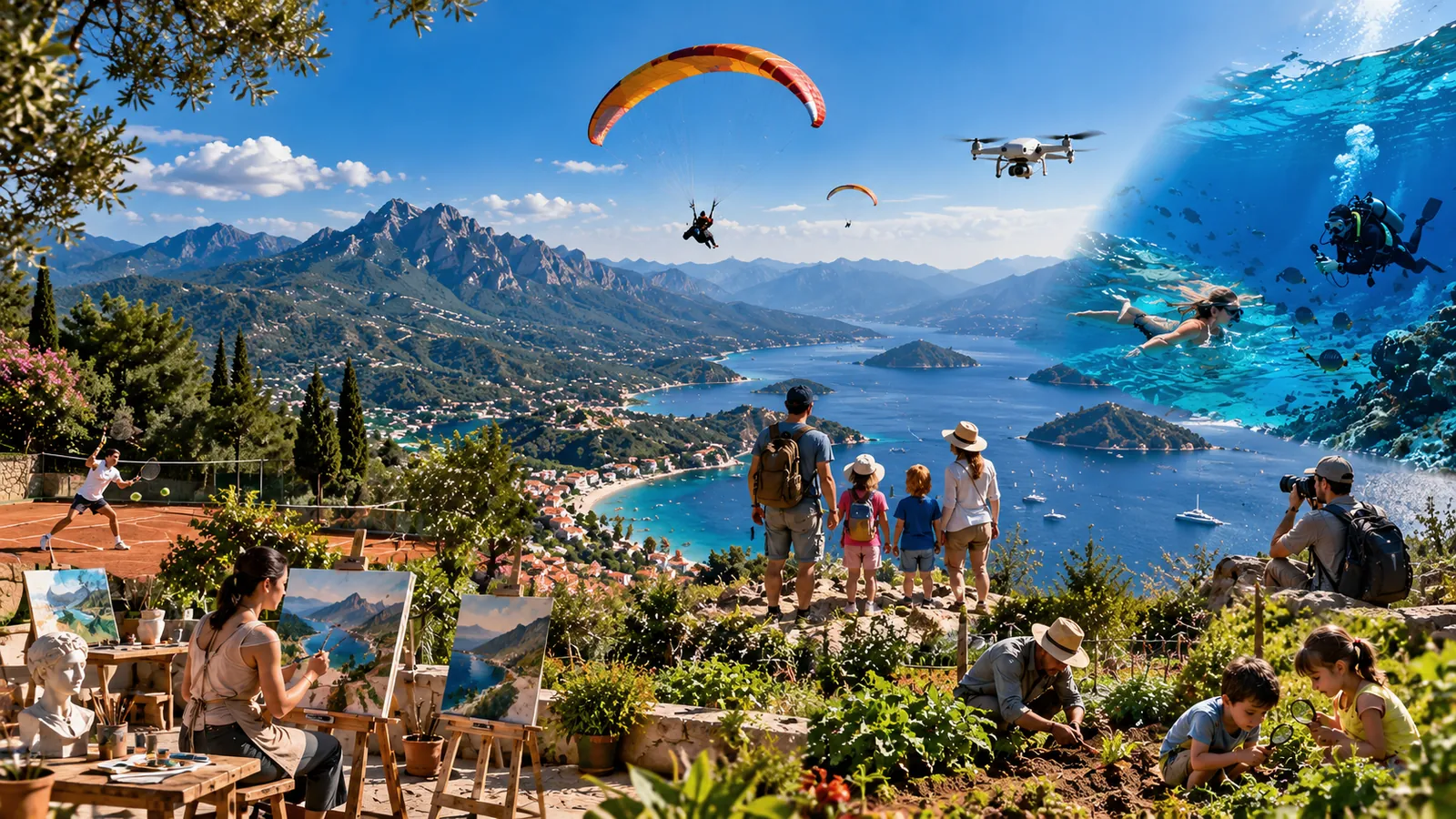 People learning outdoors: painting, drone flying, photography, diving and gardening